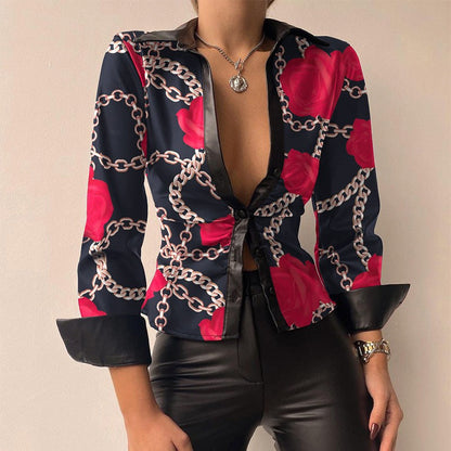Leila | Printed V-neck PU Leather Blouse with Long Sleeves and Patchwork Design