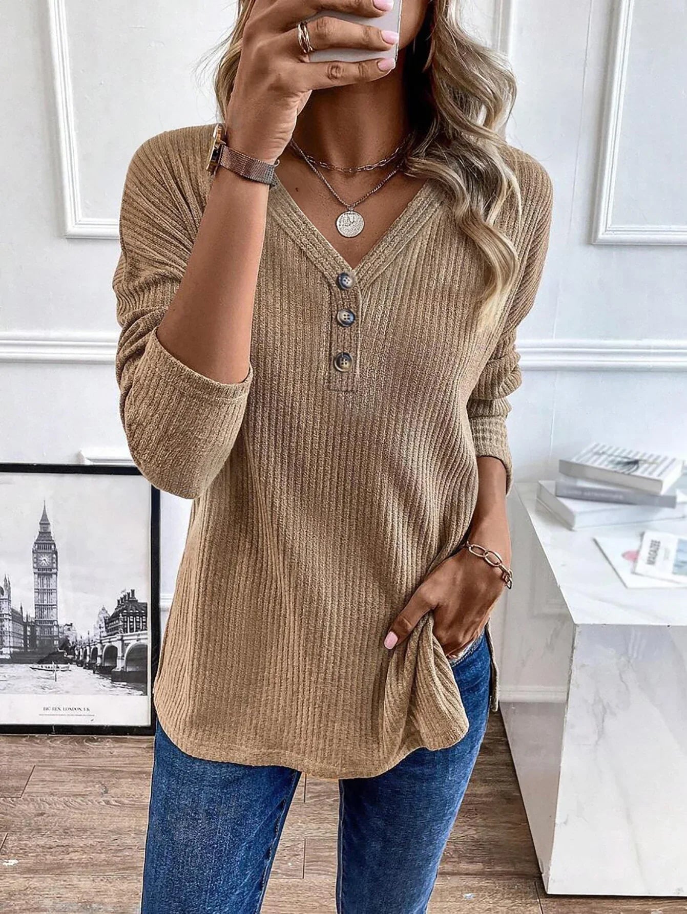 Amelia - Ladies’ Buttoned V-Neck Knit Top