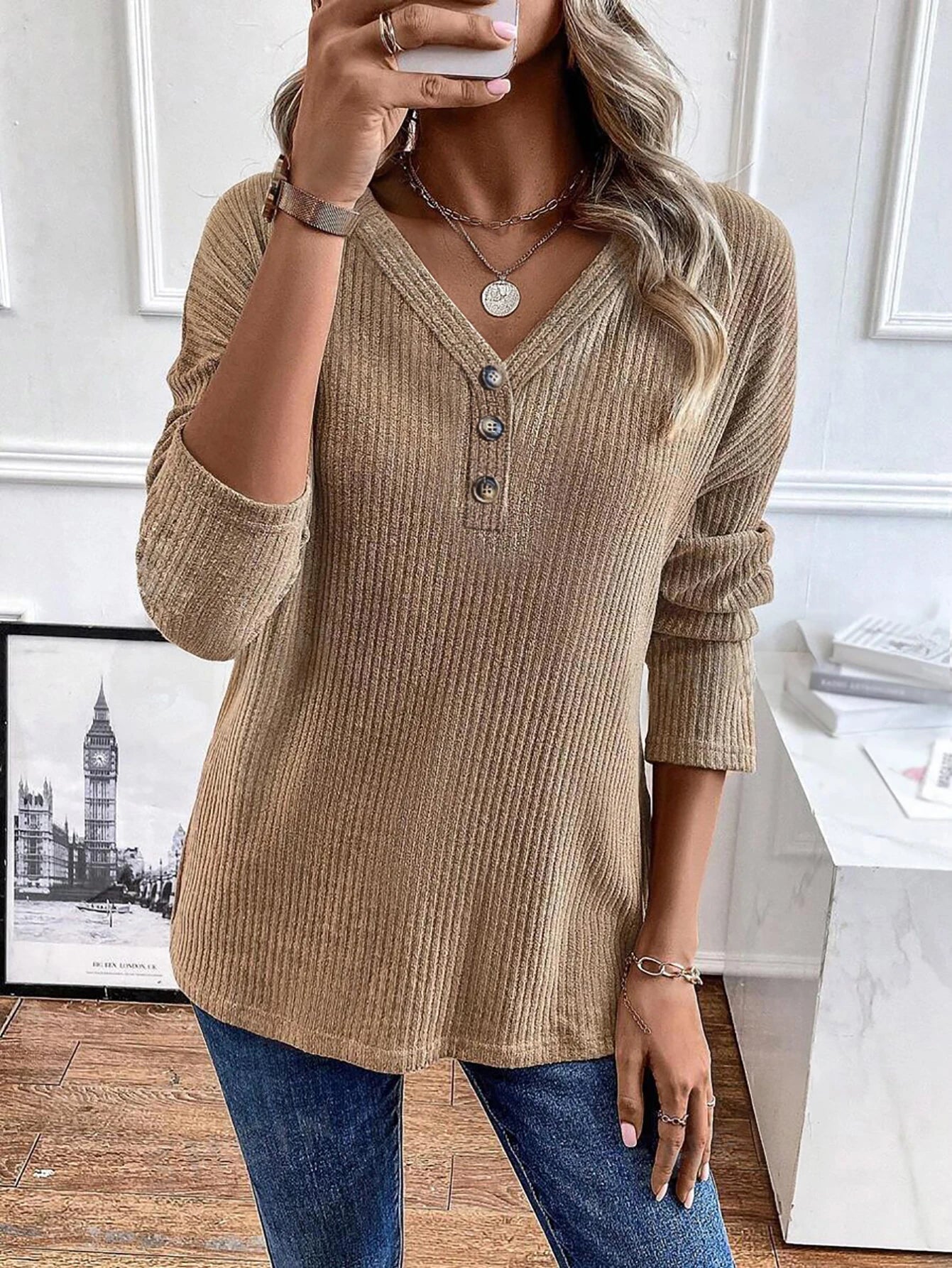 Amelia - Ladies’ Buttoned V-Neck Knit Top